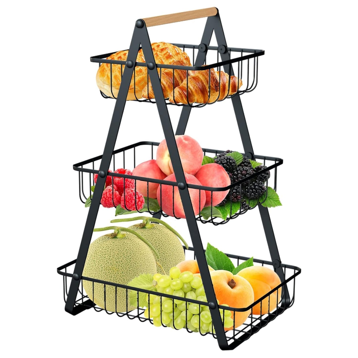 Fruit Basket, Portable 3 tier Fruit Bowle Basket, Detachable Metal Rectangle Basket Storage for Kitchen Organizer Storage & Dining Room