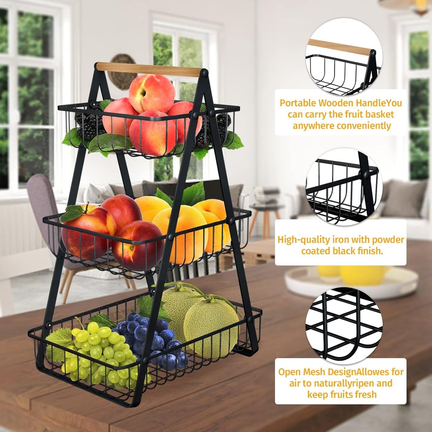 Fruit Basket, Portable 3 tier Fruit Bowle Basket, Detachable Metal Rectangle Basket Storage for Kitchen Organizer Storage & Dining Room