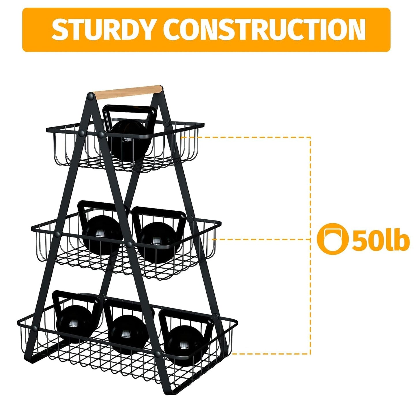 Fruit Basket, Portable 3 tier Fruit Bowle Basket, Detachable Metal Rectangle Basket Storage for Kitchen Organizer Storage & Dining Room