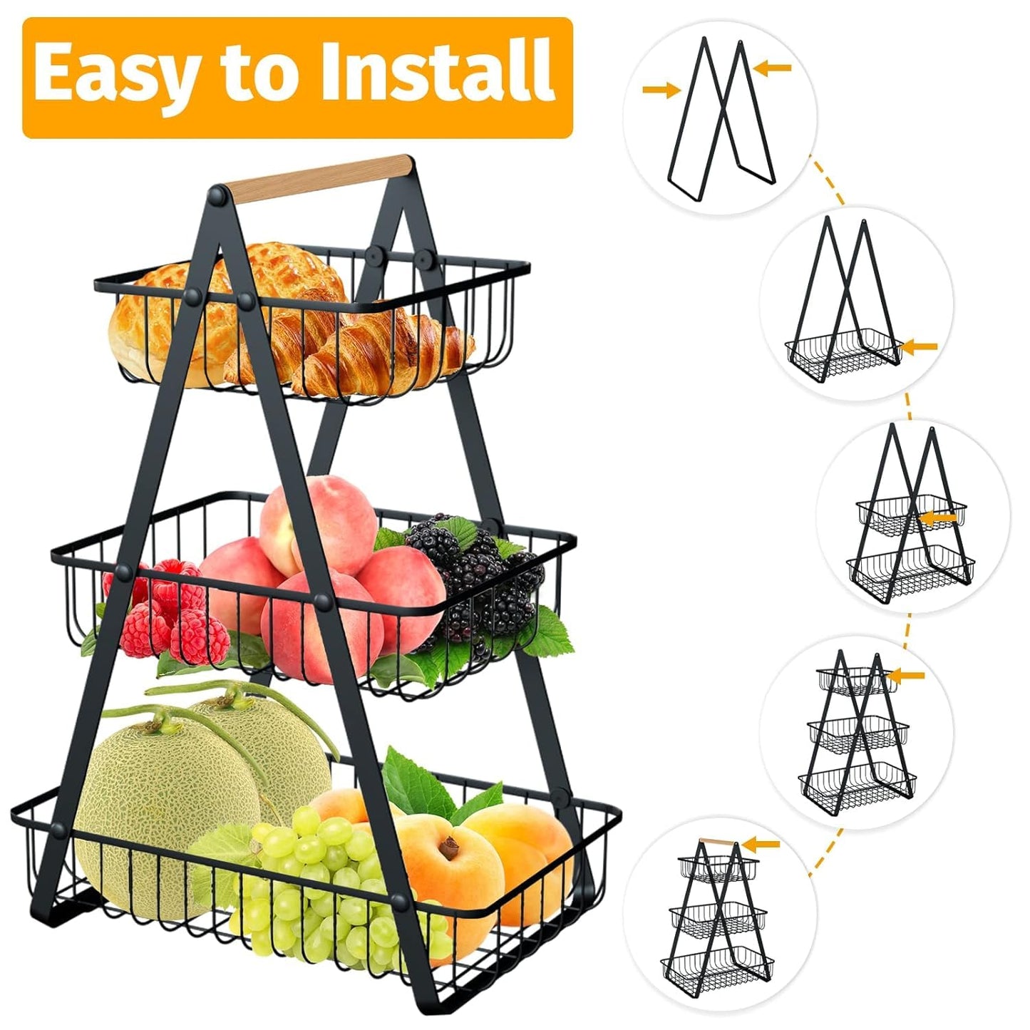 Fruit Basket, Portable 3 tier Fruit Bowle Basket, Detachable Metal Rectangle Basket Storage for Kitchen Organizer Storage & Dining Room