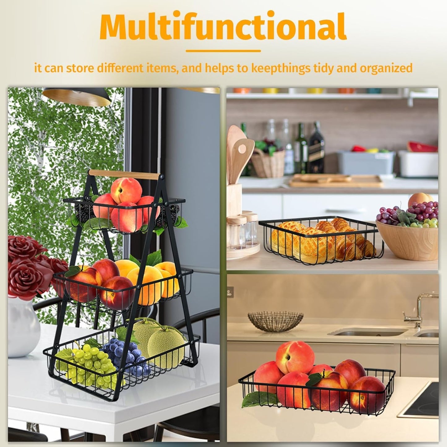 Fruit Basket, Portable 3 tier Fruit Bowle Basket, Detachable Metal Rectangle Basket Storage for Kitchen Organizer Storage & Dining Room