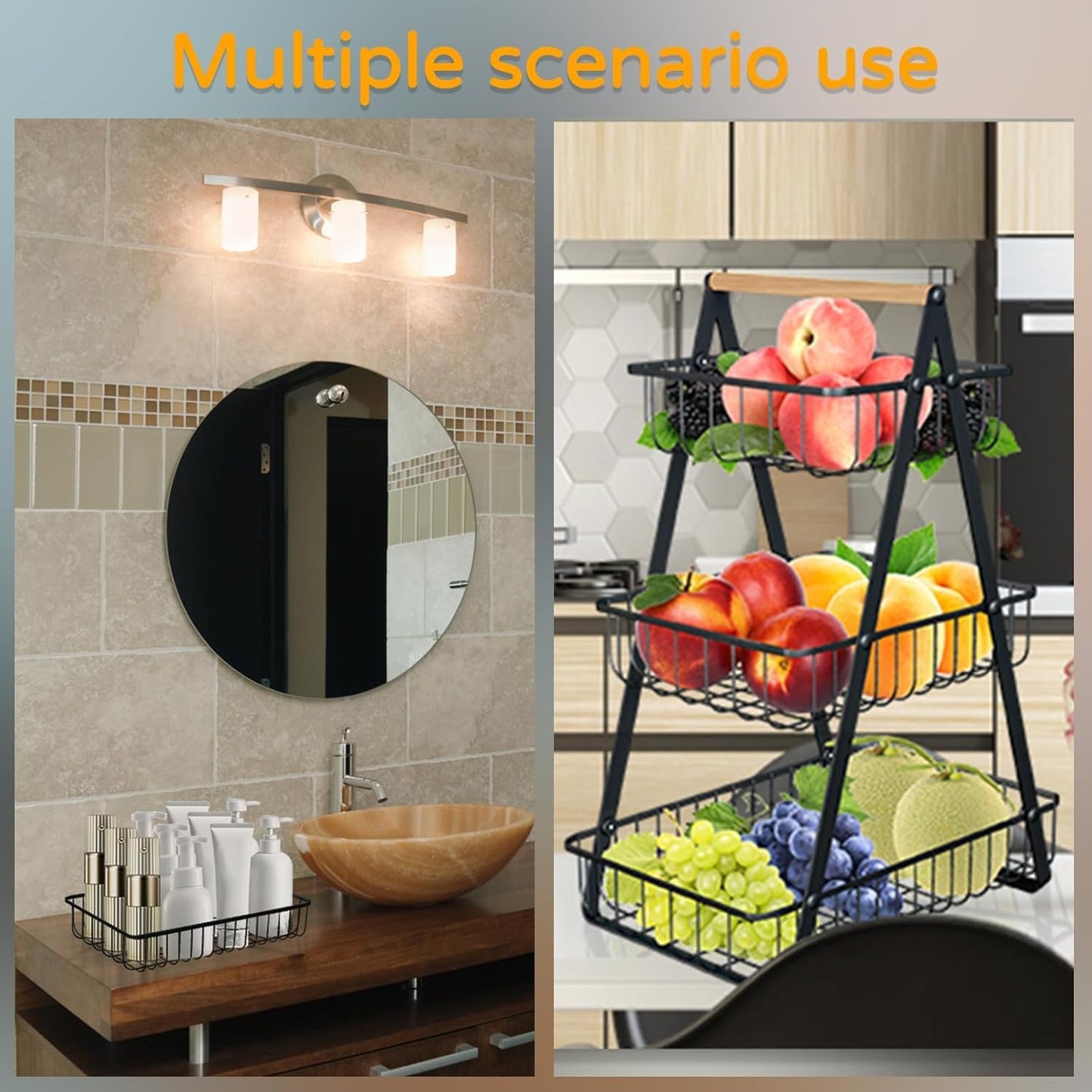 Fruit Basket, Portable 3 tier Fruit Bowle Basket, Detachable Metal Rectangle Basket Storage for Kitchen Organizer Storage & Dining Room