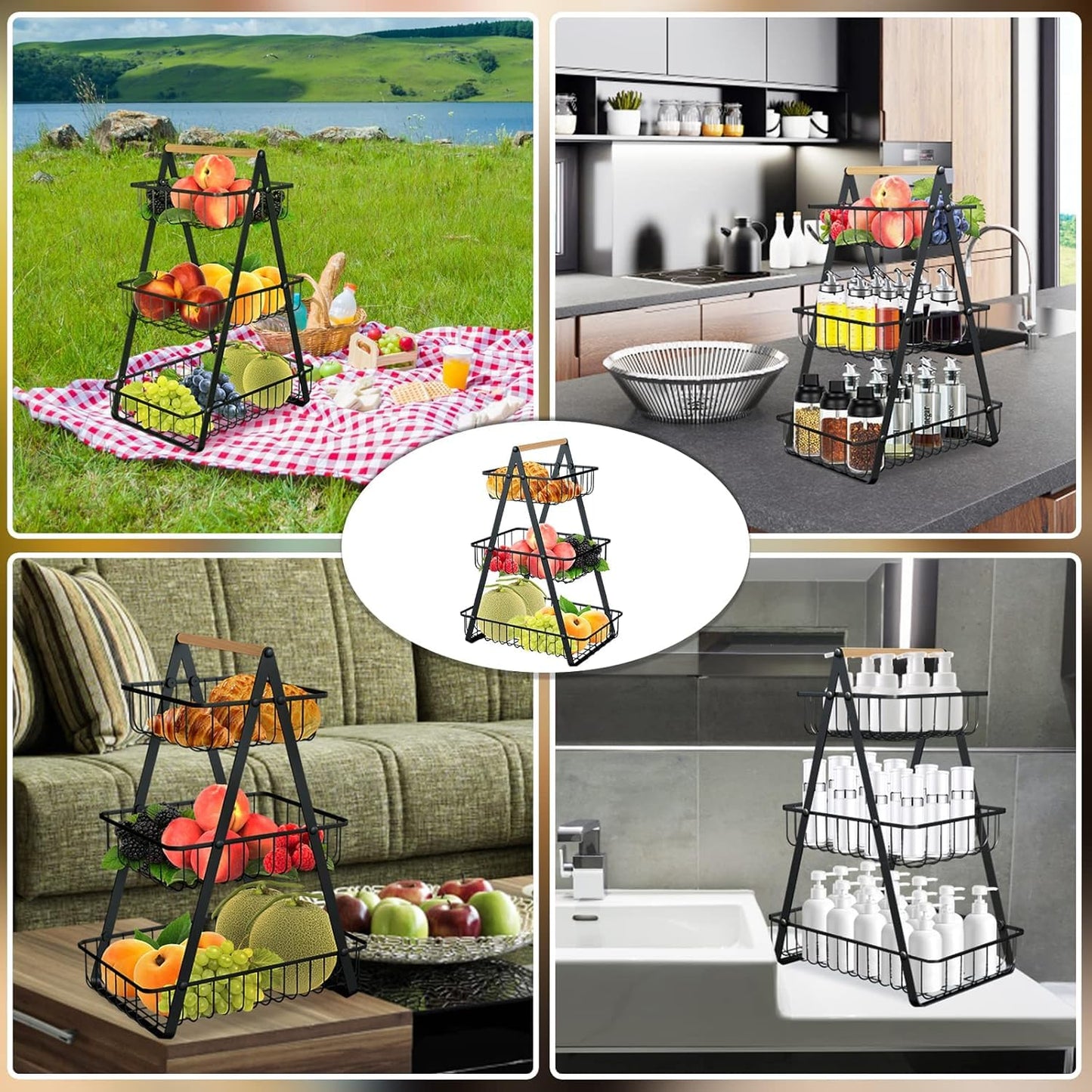 Fruit Basket, Portable 3 tier Fruit Bowle Basket, Detachable Metal Rectangle Basket Storage for Kitchen Organizer Storage & Dining Room