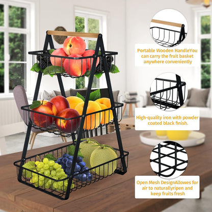 Fruit Basket, Portable 3 tier Fruit Bowle Basket, Detachable Metal Rectangle Basket Storage for Kitchen Organizer Storage & Dining Room