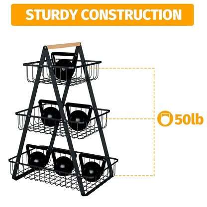 Fruit Basket, Portable 3 tier Fruit Bowle Basket, Detachable Metal Rectangle Basket Storage for Kitchen Organizer Storage & Dining Room